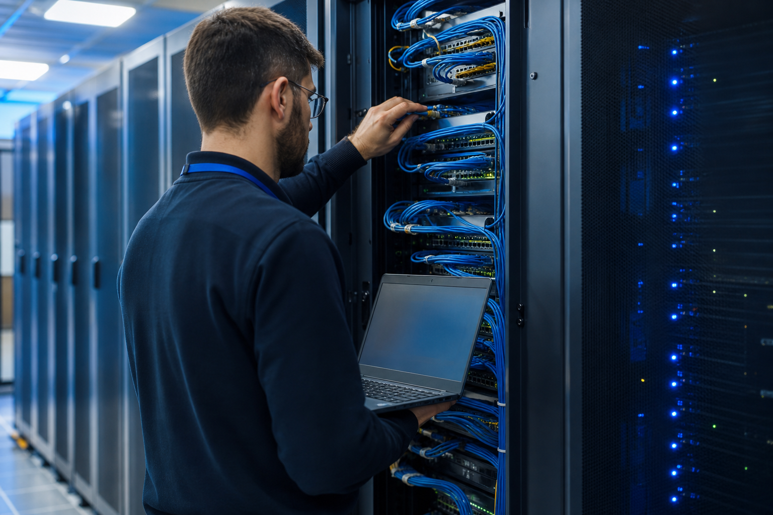 Glanetec Techniker bei der Arbeit am Netzwerkschrank